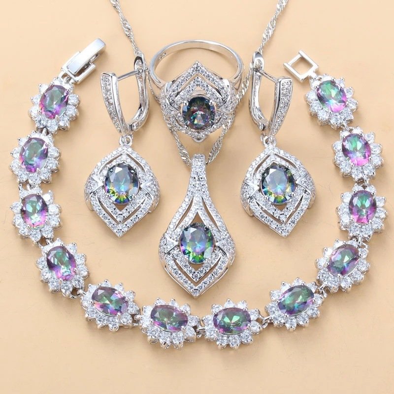 Inlaid Gemstone Pendant Earrings Necklace Ring Set 4 PCs 5 Inlaid Gemstone Pendant Earrings Necklace Ring Set 4 PCs