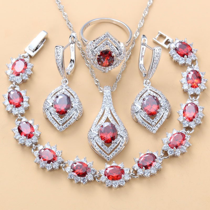 Inlaid Gemstone Pendant Earrings Necklace Ring Set 4 PCs 4 Inlaid Gemstone Pendant Earrings Necklace Ring Set 4 PCs