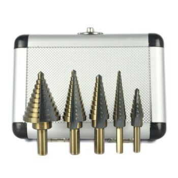 Set of step drill bits in case