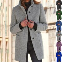 Women’s Stand Collar Woolen Coat with Buttons